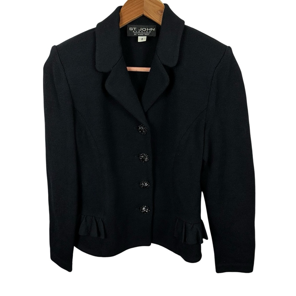 St. John Marie Black Button Blazer Coat Size 2 Long Sleeve Shoulder Pads Stretch